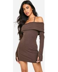 Boohoo - Wide Rib Bardot Tie Mini Dress - Lyst