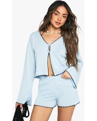 Boohoo - Beach Sheer Knit Floaty Short And Button Front Top Set - Lyst