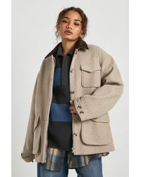Boohoo - Contrast Cord Collar Wool Look Barn Jacket - Lyst