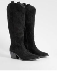 Boohoo - Low Heel Embroidered Knee High Western Cowboy Boots - Lyst