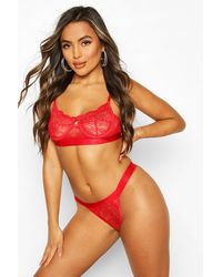 Boohoo Womens Spot Mesh & Lace Bralet & Thong Set - Red