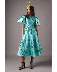 Coast - Twill Puff Sleeve Printed Midi Dress - Lyst