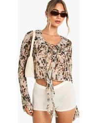 Boohoo - Chiffon Tie Front Ruffle Blouse - Lyst