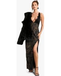 Boohoo - Vestido Maxi De Tela Devoré Con Ribete De Encaje Y Estampado De Leopardo - Lyst