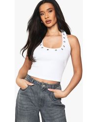 Boohoo - Rib Eyelet Detail Halterneck Top - Lyst