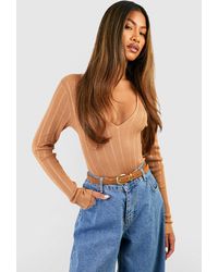 Boohoo - Mixed Rib V Neck Knitted One Piece - Lyst