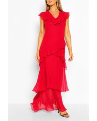 ruffle plunge split leg maxi dress