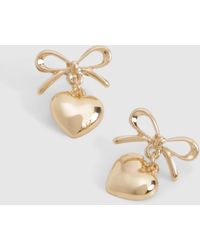 Boohoo - Gold Bow & Heart Drop Earrings - Lyst