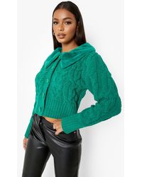 Boohoo Cable Knit Faux Fur Trim Cardigan - Green