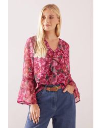 Wallis - Petite Floral Lace Trim Ruffle Blouse - Lyst