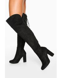Boohoo Lace Back Block Heel Over The Knee High Boots - Black