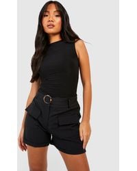 Boohoo Petite Woven Belted Cargo Tailored Shorts - Black