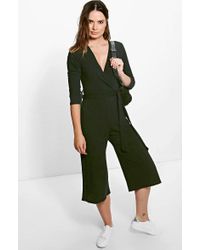 ribbed wrap front culotte jumpsuit