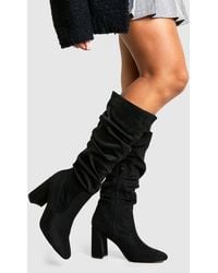 Boohoo - Faux Suede Slouchy Knee High Block Heel Boots - Lyst