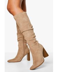 Boohoo - Ruched Block Heel Knee High Boot - Lyst