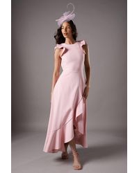 Coast - Lisa Tan Ruffle Round Neck Crepe Midi Dress - Lyst