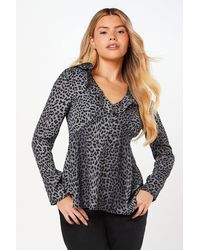 Dorothy Perkins - Animal Ruffle Neck Long Sleeve Button Front Tea Blouse - Lyst