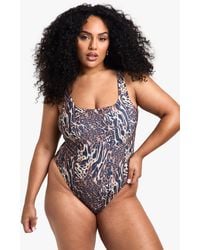 Boohoo - Plus Swimwear Essentials Leopard Scoop Neck Bathing Suit - Lyst