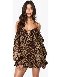 Boohoo - Leopard Chiffon Cold Shoulder Ruffle Romper - Lyst