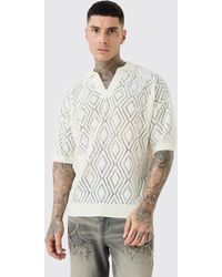 BoohooMAN - Tall Short Sleeve Boxy Fit Revere Open Knit Polo In Ecru - Lyst