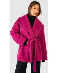 Boohoo - Textured Shawl Collar Belted Longline Wool Look Coat - Lyst