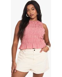 Boohoo - Plus Shirred Gingham Peplum Top - Lyst