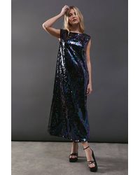 Warehouse - Sequin Shoulder Pad Sleeveless Midi Dress - Lyst