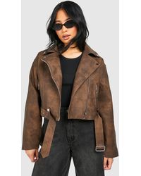 Boohoo - Petite Vintage Look Faux Leather Biker Jacket - Lyst