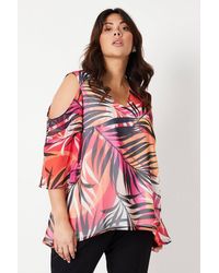 Wallis - Curve Palm Print Ruffle Sleeve Top - Lyst