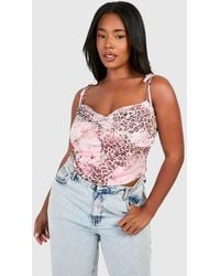 Boohoo - Plus Faded Leopard Mesh Tie Shoulder Corset Top - Lyst