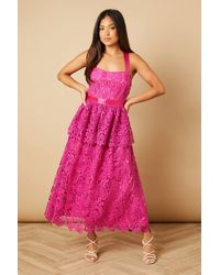 Oasis - Petite Cross Strap Tiered Lace Midi Dress - Lyst