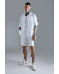 Boohoo - Tall Short Sleeve Drop Revere Linen Shirt & Short Set In White - Lyst