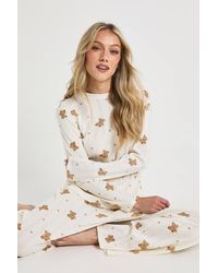 Boohoo - Petite Pointelle Bear Print Long Sleeve Top And Wide Leg Trouser Pyjama Set - Lyst