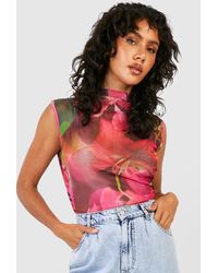 Boohoo - Floral Printed Mesh High Neck Sleeveless One Piece - Lyst