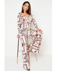 Boohoo Womens Slinky Chain Print Wide Leg Plunge Jumpsuit - Pink - 2