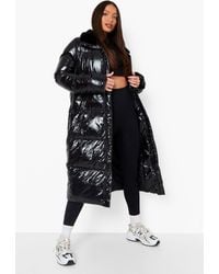 Boohoo Tall High Shine Faux Fur Trim Puffer Jacket - Black