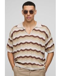 Boohoo - Oversized Boxy Crochet Look Stripe Knitted Polo - Lyst