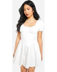 Boohoo - Petite Cotton Puff Sleeve Milkmaid Mini Dress - Lyst