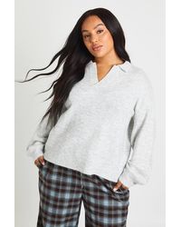 Boohoo - Plus Collared V Neck Knit Top - Lyst