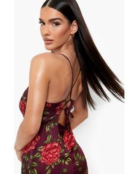 satin floral cowl flute hem slip dress