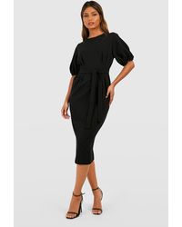 Boohoo - Crepe Pleat Front Puff Sleeve Belted Midaxi Dress - Lyst