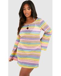 Boohoo - Plus Rainbow Stripe Crochet Beach Dress - Lyst
