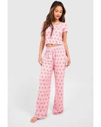 Boohoo - Cherry Print Lettuce Hem Short Sleeve Top & Trousers Pyjama Set - Lyst