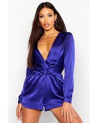 Boohoo Twist Front Satin Playsuit - Blue