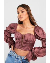 Boohoo - Textured Satin Lace Up Detail Puff Sleeve Corset Top - Lyst