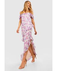 Boohoo - Tall Floral Crochet Cold Shoulder Cowl Ruffle Maxi Dress - Lyst