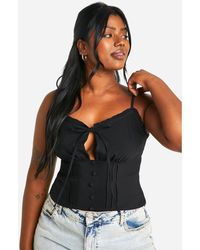 Boohoo - Plus Tie Front Seam Detail Button Corset Top - Lyst