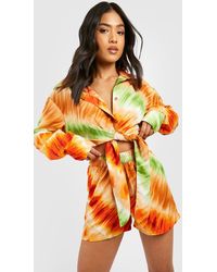 Boohoo - Petite Tie Dye Tie Front Shirt And Short Co-ord - Lyst