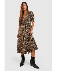 Boohoo - Leopard Shirred Cuff Midi Dress - Lyst