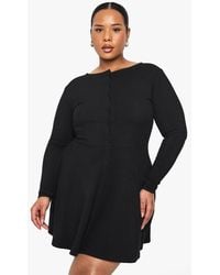Boohoo - Plus Rib Button Down Mini Skater Dress - Lyst